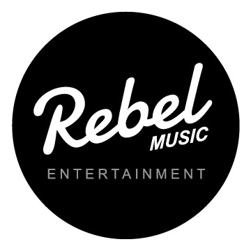 A black and white logo of rebel music entertainment.